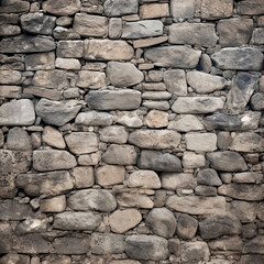 An array of assorted rocks and boulders neatly assembled to create a sturdy dry stone wall. A background texture for overlays or the addition of your text.