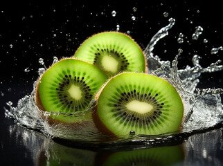 Natural green kiwi with small grains, in flying splashes of water,on a black background