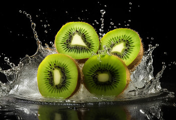 Natural green kiwi with small grains, in flying splashes of water,on a black background