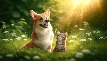 A Corgi and a small tabby kitten sitting together in a lush green meadow