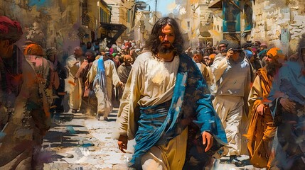 Obraz premium realistic depiction of jesus christ walking through the crowded streets of ancient jerusalem oil painting style