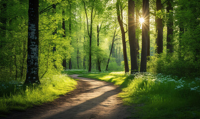 A winding forest path through a sunny green forest illuminated by the sun's rays.