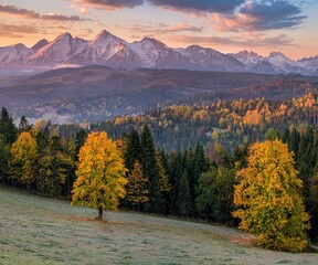 Beautiful sunset on the meadow under the Tatra Mountains at autumn. Poland landscape autumn.