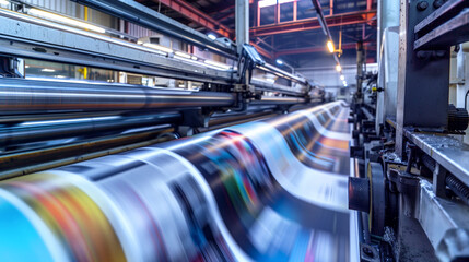 High-speed motion blur of a print production line in an industrial factory with a focus on machinery.