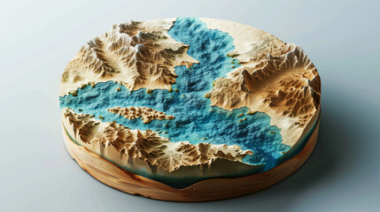 Fototapeta premium Artistic topographic model of a fantasy landscape featuring mountain ranges and deep blue lakes.