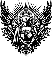 Angel woman grunge gothic tattoo icon, y2k aesthetic, vector 90s vintage glam, black and white urban print. Monochrome vintage photocopy effect. Vector illustration for grunge punk surreal poster