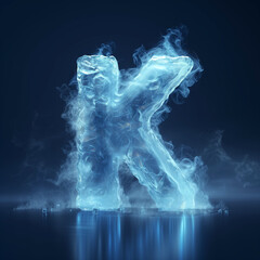 Abstract 3D render letter K made of block of ice on dark blue grey background. Logo Letter K from ice block with steam around. Design clipart element. Poster, Wallpaper. 3D illustration render.