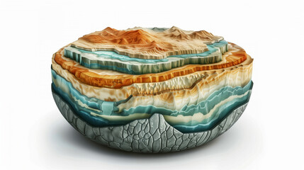 Artistic illustration of a geological cross-section in the form of a bowl, showcasing multiple earth strata layers. - obrazy, fototapety, plakaty