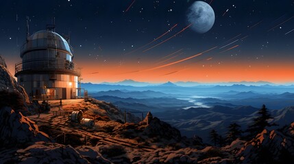 Fantasy alien planet. Mountain landscape with observatory. 3D illustration