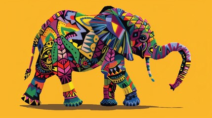 Illustrate a whimsical digital pixel art piece featuring a charming baby elephant with vibrant tribal patterns on its skin, from a unique low angle perspective Use bold colors to make it pop