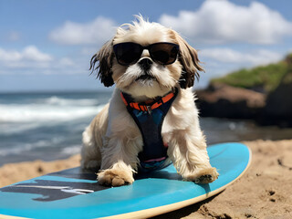 Shih Tzu surfing on a surfboard wearing sunglasses at the ocean shore.
