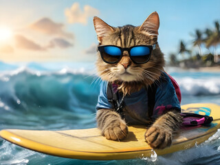 Cat surfing on a surfboard wearing sunglasses at the ocean shore