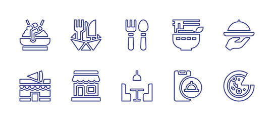 Restaurant line icon set. Editable stroke. Vector illustration. Containing food tray, store, food delivery, cutlery, pho, pizza, teriyaki, pizzeria, restaurant.
