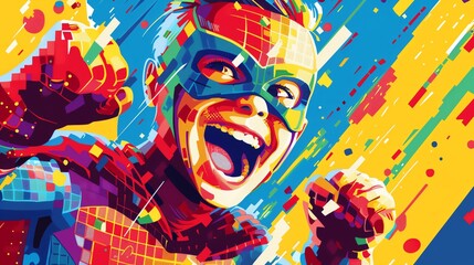 Illustrate the exuberance of childhood with a close-up of a kids laughter while donning a colorful superhero suit in a dynamic pixel art style