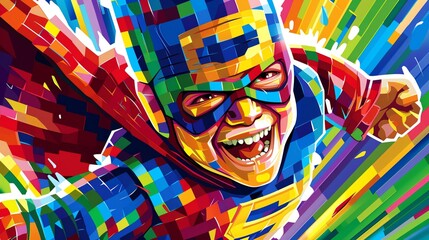 Illustrate the exuberance of childhood with a close-up of a kids laughter while donning a colorful superhero suit in a dynamic pixel art style