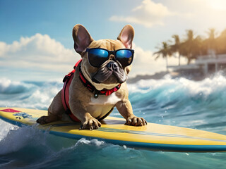 French bulldog surfing on a surfboard wearing sunglasses at the ocean shore