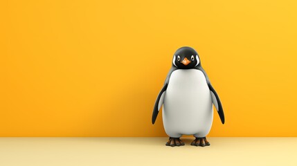 A small penguin stands elegantly before a vibrant yellow wall