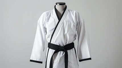 Isolate the taekwondo uniform in striking eye-level angle, the focus solely on the intricate design and skilled craftsmanship, set against a clean and simple backdrop for maximum impact