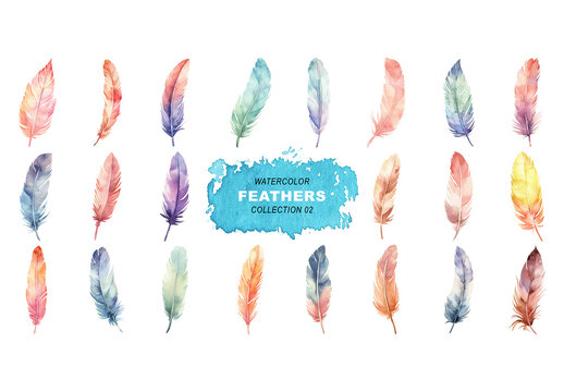 Watercolor painted style - feathers clipart isolated on transparent background. Created using Generative AI.