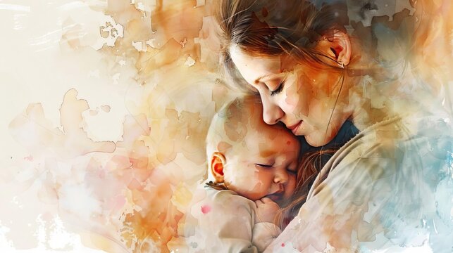 tender moment between mother and baby lovingly hugging each other watercolor digital painting