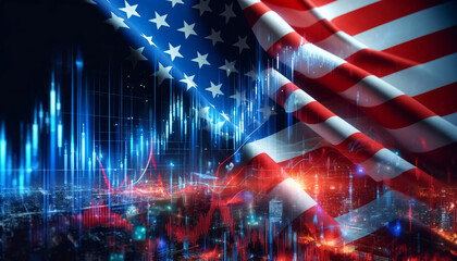 A financial market's data analysis with a backdrop of the American flag