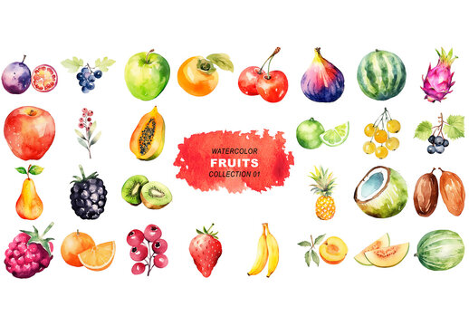 Watercolor painted style - fresh fruits clipart isolated on transparent background. Created using Generative AI.