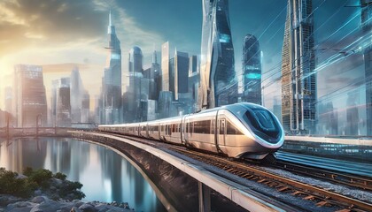 Fototapeta premium 未来都市を走る、電車