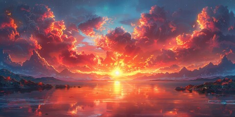 sunrise in the mountains，Mystical Sunrise in the Mountains - Enchanting 4K HD Digital Art Wallpaper
