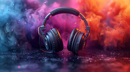 World Music Day Banner with Headset Headphones,
Headphones with colorful splashes
