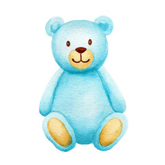 Watercolor blue teddy bear sitting isolated on white background. Cute baby hand drawn illustration for greeting cards, kid posters, decor