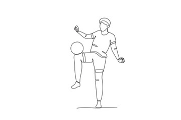One continuous line drawing of young Football players are juggling the ball. Football freestyle sport concept. Single line draw design vector illustration
