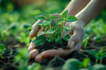 Green seedlings with soil in human hands on green background. Selective focus. Plants concept 