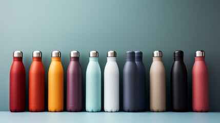 A variety of colorful stainless steel water bottles lined up in a row