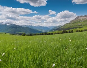Panoramic natural landscape with green grass field