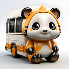 Cute cartoon panda with school bus. 3D rendering.
