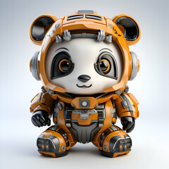 3D rendering of a cute panda in an orange suit.