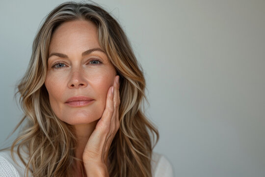 A mature woman touching her face, admiring her reflection, symbolizing skincare, health, and beauty.
