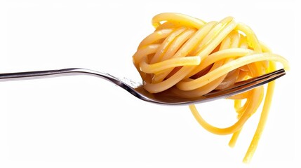 Artistic portrait of elegantly twirled spaghetti on a fork, isolated against a stark white background, capturing the simplicity of the dish
