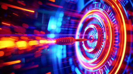 Fototapeta premium A vibrant image depicting a futuristic target with a dart in motion, set against a backdrop of radiant light streaks.