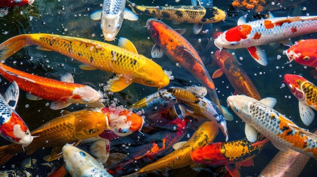 Big koi goldfish on high-quality pond fish, including kohaku, ogon, hi-utsuri, and chagoi.