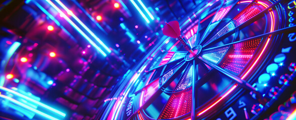 Vibrant dart hitting the bullseye on a digitalized dartboard with neon lights and futuristic design elements.