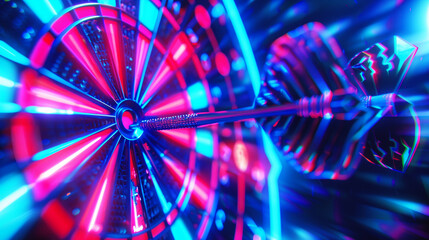 Vibrant digital rendering of a dart striking a dartboard in neon blue and red lights.