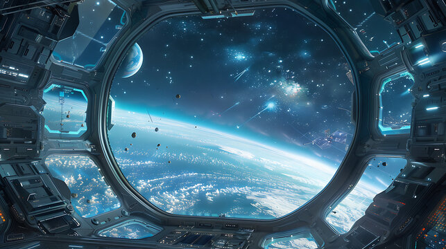 Gaming heart space ship station observatory with large window to universe. Modern sci-fi background.