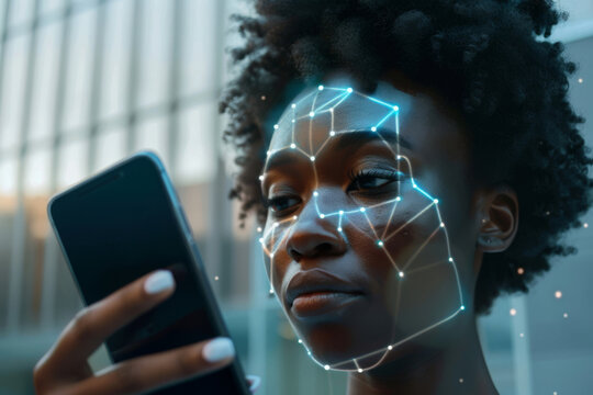 Close-up of a young african american woman undergoing real-time biometric facial recognition scan with futuristic overlay graphics on her face, symbolizing advanced technology and security measures