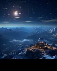 Astronomical observatory in the mountains. 3D rendering.