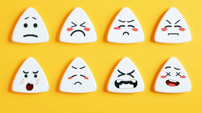 Eight white triangular objects displaying a variety of cartoonish facial expressions on a yellow background.