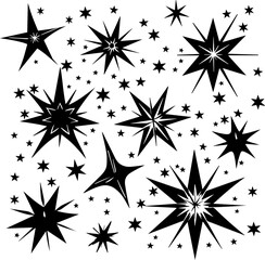 Set of stars gothic tattoo icon, y2k aesthetic, vector 90s vintage glam, black and white urban print. Monochrome vintage photocopy effect. Vector illustration for grunge punk surreal poster