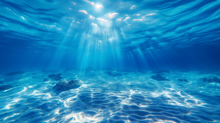Underwater scene with sunlight filtering through the ocean's surface, casting patterns on sandy bottom.