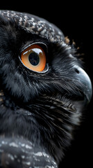 A close up of an owl's face with a bright orange eye