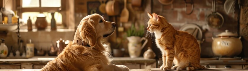 A golden retriever dog and an orange tabby cat are sitting on a kitchen counter